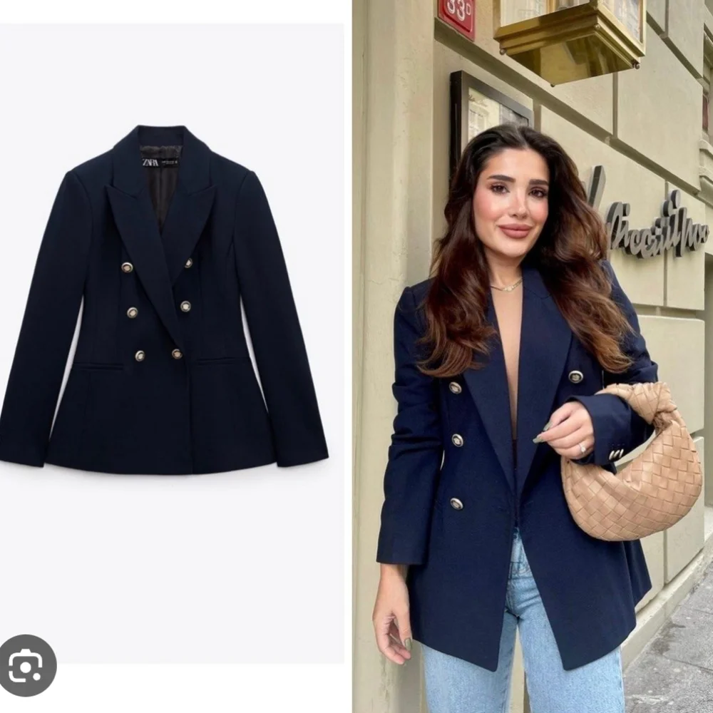 ZARA * DOUBLE BREASTED BLAZER NAVY PIQUE BLAZER - Picture 1 of 13